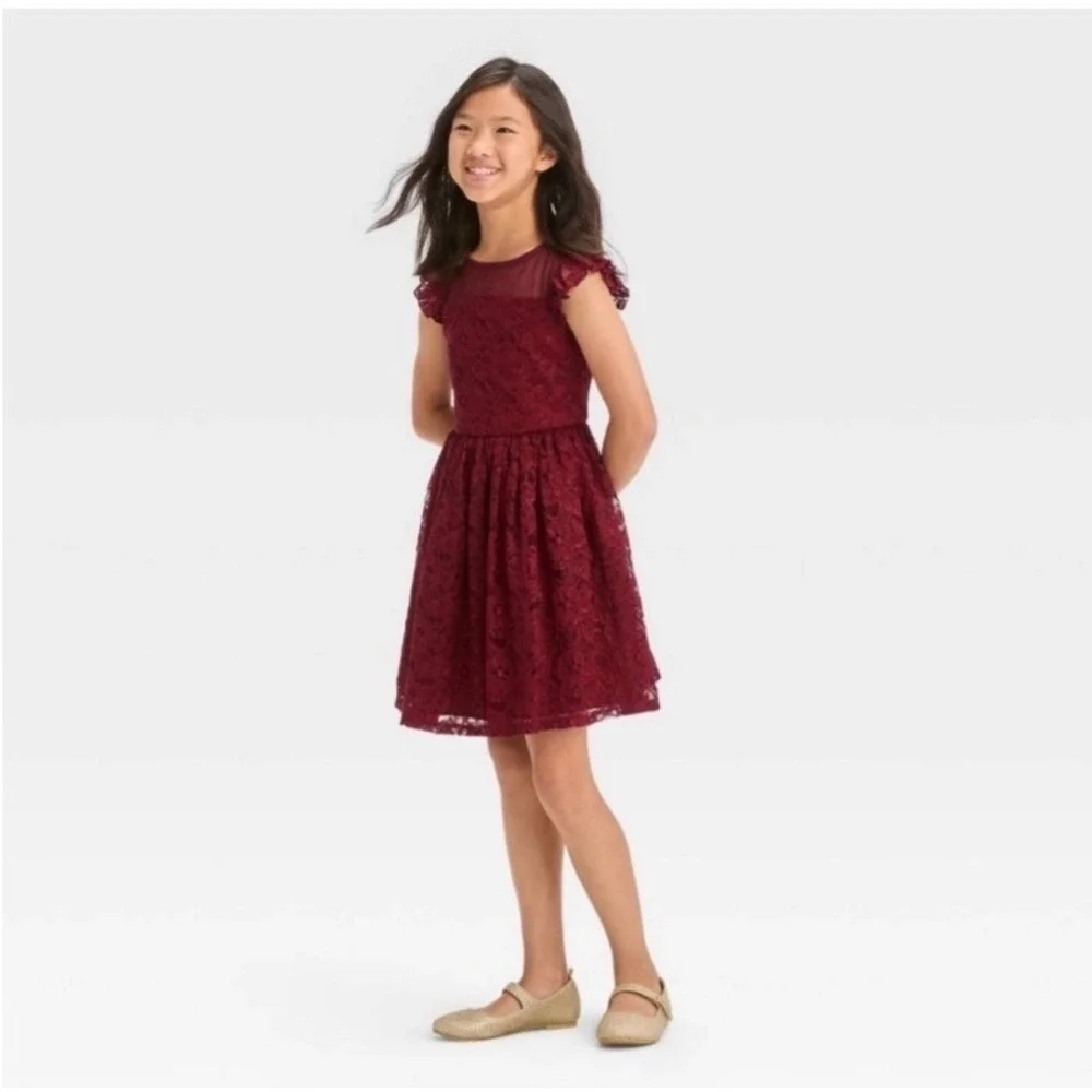 Cat & Jack Girls Burgundy Floral Lace Flutter Sleeve Mesh Yoke Party Dress